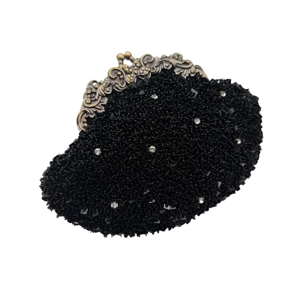 Black Beaded Evening Clutch Rhinestone Kisslock Formal Cocktail Bag Dark Romance